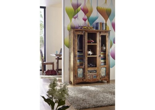 Massivmoebel24 Highboard »NATURE OF SPIRIT« (Highboard im Industrial Stil mit Türen inklusive Glaseinsatz und Schubladen, in bunt lackiert 115x40x150 Altholz montiert)