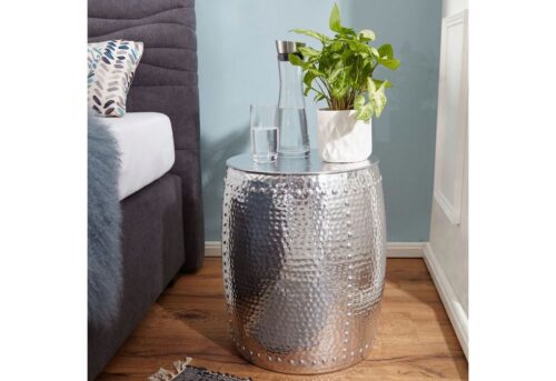 Wohnling Beistelltisch »Beistelltisch 42x49x42cm Aluminium Silber Dekotisch orientalisch rund Kleiner Hammerschlag Abstelltisch Designer Ablagetisch Metall modern Anstelltisch schmal«