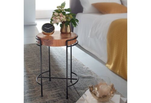 Wohnling Beistelltisch »Beistelltisch Akazie Massivholz 35x51x35 cm Wohnzimmertisch Rund Kleiner Designer Tisch Massiv Design Holztisch mit Metallbeinen«