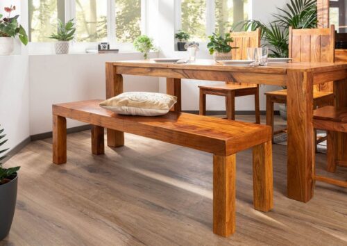 Massivmoebel24 Essbank »OXFORD« (Sitzbank aus Massivholz, Holzbank für Küche und Esszimmer, Stilvolle Sitzbank für 2 Personen im Landhausstil in braun lackiert 140x42x45 Akazie), hochwertiges Edelholz,authentische Holzadern,aufwendige Schnitzereien und Verzierungen,