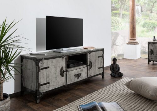 Massivmoebel24 TV-Board »TOKYO« (Lowboard, Fernsehschrank Massivholz, 150x40x60 Mango montiert, TV-Board aus Mangoholz mit Eisen-Elementen im Industrialstil), industrieller shabby-chic, used-optik, Metallapplikationen, Fernost Touch, Verzierung der Eckelemente mit Schrauben und Nieten,