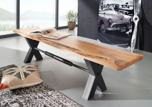 Massivmoebel24 Essbank »IRON LABEL« (220x38x46 Akazie), echte Baumkante,Unikat,Natürliche Unregelmäßigkeiten und Astlöcher
