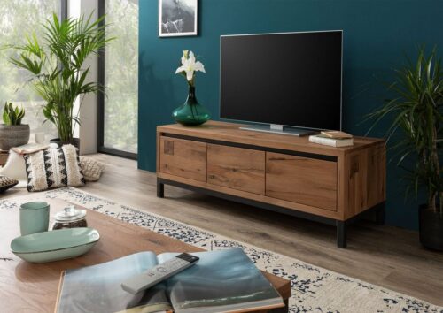 Massivmoebel24 TV-Board »VILLANDERS« (Modernes Wildeiche TV-Board inklusive stilvollem Hirnholz-Element, eine Kombination aus Metall und Holz, mit Türen, braun geölt 153x55x54 Wildeiche montiert), Hirnholz-Element, Soft-Close für Türen, Griffleisten, Eisenrahmen Konstruktion, Unikate Rissoberfläche