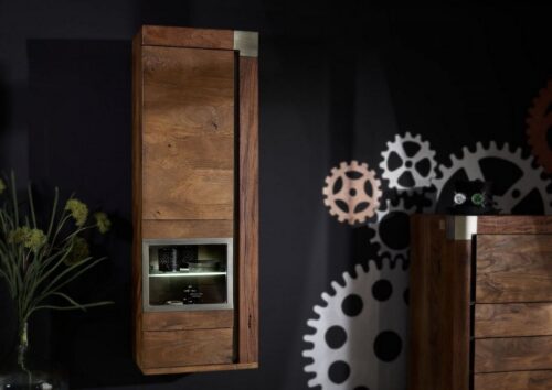 Massivmoebel24 Hängevitrine »AMSTERDAM« (48x35x142 Mango montiert Hängevitrine Vintage Designer) Türen und Schubladen mit Magnetverschluss, sandgestrahlte Oberfläche, Schubladen auf Teleskopschienen, Vintage, Used Look, Metallelemente, Glaseinsatz, sandgestrahlt