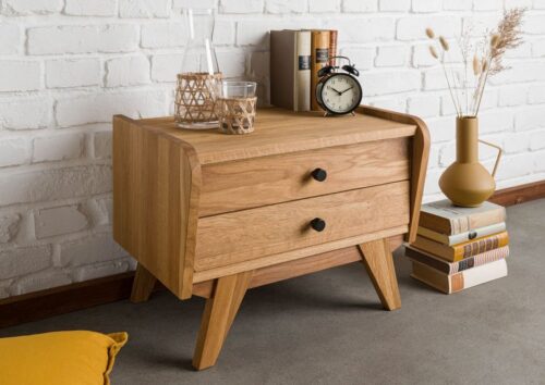 Massivmoebel24 Nachttisch »ORIGINAL RETRO« (55x39x39 Wildeiche montiert, Nachttisch mit Schubladen im Retro-Stil, Vintage), Retro-Look,Sixty-Style,Vintage