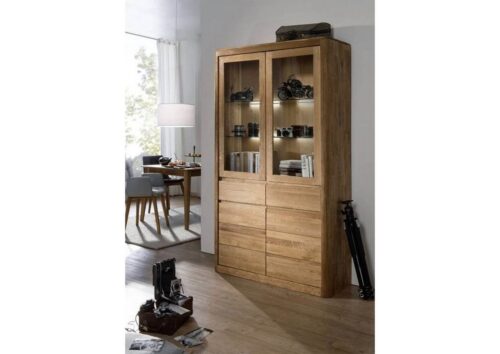 Massivmoebel24 Vitrine »LINZ« (Glasvitrine mit Holzkorpus, Vitrinenschrank, Standvitrine, Schrank für Wohnhzimmer oder Esszimmer, 111x40x195 Wildeiche montiert)