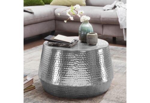 Wohnling Beistelltisch »Couchtisch 60x36x60 cm Aluminium Beistelltisch Silber Orientalisch Rund Flacher Hammerschlag Sofatisch Metall Design Wohnzimmertisch Modern Loungetisch Indisch Stubentisch Klein«