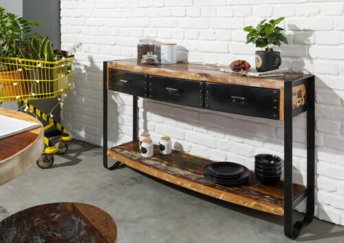 Massivmoebel24 Konsolentisch »INDUSTRIAL« (Konsolentisch mit außergewöhnlichem Eisengestell, im Vintage Look, lackiert 135x35x80 Altholz montiert), Eisenschubladen mit Nietenverzierungen,Unikat,60% wiederverwertetes Altholz,used-optik,Einzelstück