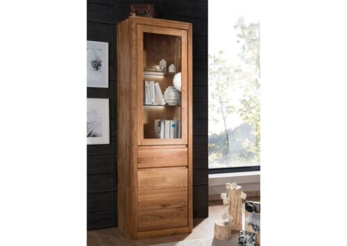 Massivmoebel24 Vitrine »LINZ« (Glasvitrine mit Holzkorpus, Vitrinenschrank, Standvitrine, Schrank für Wohnhzimmer oder Esszimmer, 63x40x195 Wildeiche montiert) Glastür, 3 Glasböden