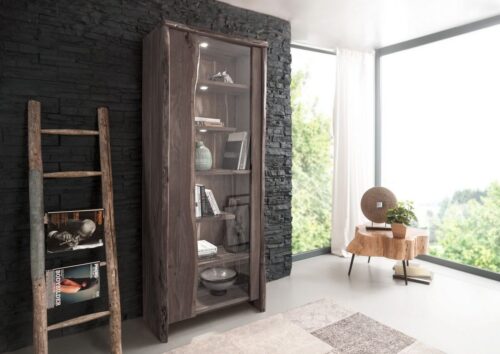 Massivmoebel24 Vitrine »PURE ACACIA« (Moderne Massivholz Glasvitrine mit Softclose in grau lackiert 81x45x204 Akazie montiert) echte Baumkante, Unikat, Astlöcher, urwüchsige Risse, Unregelmäßigkeiten