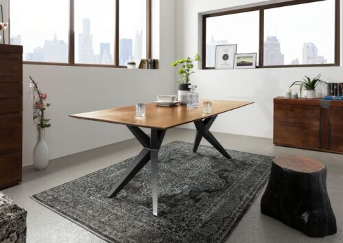 Massivmoebel24 Esstisch »SWISS EDGE« (Esstisch für 4 Personen, mit außergewöhnlichem Eisengestell, natur lackiert 140x90x76 Akazie)