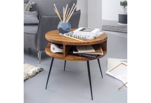 Wohnling Beistelltisch »Couchtisch Sheesham Massivholz / Metall 60x45x60 cm Tisch Wohnzimmer Design Beistelltisch mit Ablage Kleiner Wohnzimmertisch Rund Braun«