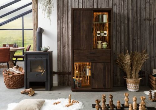 Massivmoebel24 Drehtürenschrank »BARK« (88x40x40 Akazie montiert, massiver Mehrzweckschrank fürs Wohnzimmer im rustikalen Stil) strukturierte Oberfläche, used Look, rustikal, sichtbare Hobelschläge, inkl. LED-Beleuchtung, echte Baumrinde, Zinkgriffe, herausnehmbare Glasböden, herausnehmbare Holzböden, Schubladen mit Vollauszug