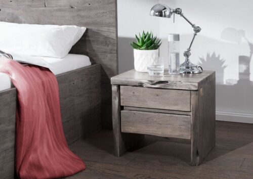 Massivmoebel24 Nachttisch (Moderner Massivholz Nachttisch Schubladen mit Softclose, grau lackiert 45x40x45 Akazie montiert), echte Baumkante,Unikat,Natürliche Unregelmäßigkeiten und Astlöcher,Einzelstück