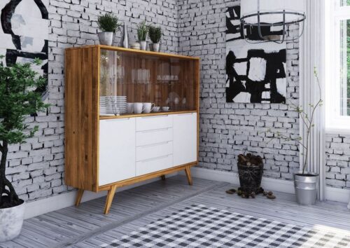 Massivmoebel24 Vitrine »ORIGINAL RETRO« (160x48x152 Wildeiche montiert, Vitrine mit Glastüren und weißer Front im Retro-Stil, Vintage) Vitage-Look, Retro-Stil