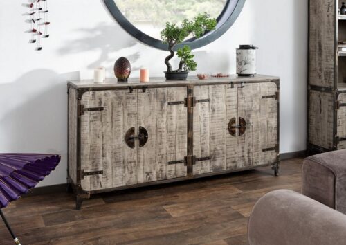 Massivmoebel24 Sideboard »TOKYO« (180x40x89 Mango montiert, Sideboard aus Mangoholz mit Eisen-Akzenten, Industrialstil)