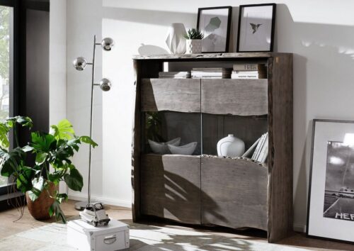 Massivmoebel24 Highboard »PURE ACACIA« (Modernes Massivholz Highboard mit Glas und mehreren Fächern, Uniktat grau lackiert 131x45x147 Akazie montiert)