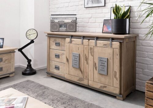 Massivmoebel24 Sideboard »RAILWAY« (Massives Sideboard mit 2 stylischen Schiebetüren auf Eisenschiene und Schubladen im Industrial Stil, braun lackiert 150x45x80 Mango montiert), used-optik, Metallapplikationen im Vintage Look, authentische Altholz-Optik inkl. Wurmlöcher, Schiebetüren auf Eisenleisten