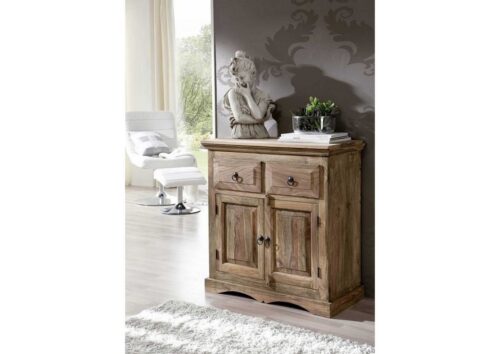 Massivmoebel24 Sideboard »LEEDS« (Klassisches Sideboard im Landhausstil, in grau geölt 90x40x90 Sheesham montiert), authentische Holzadern, aufwendige Schnitzereien und Verzierungen, Urtümliche Haltekeile, detailreich und stilvoll, Türen in Kassettenform