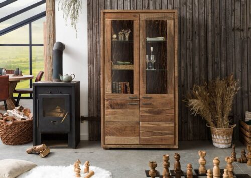 Massivmoebel24 Vitrine »BARK« (98x40x40 Akazie montiert, massive Vitrine mit echter Baumrinde im rustikalen Look und integrierter LED Beleuchtung) strukturierte Oberfläche, used Look, rustikal, sichtbare Hobelschläge, inkl. LED-Beleuchtung, echte Baumrinde, Zinkgriffe, herausnehmbare Glasböden