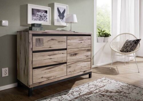 Massivmoebel24 Sideboard »VILLANDERS« (Modernes Massivholz Sideboard inklusive stilvollem Hirnholz-Element, eine Kombination aus Metall und Holz, mit Schubladen und Tür, beige geölt 120x45x85 Wildeiche montiert), Hirnholz-Element, Eisenrahmen Konstruktion, Unikate Rissoberfläche, Einlegeböden variabel 3-Fach höhenverstellbar, Soft-Close für Türen und Schubladen, Griffleisten