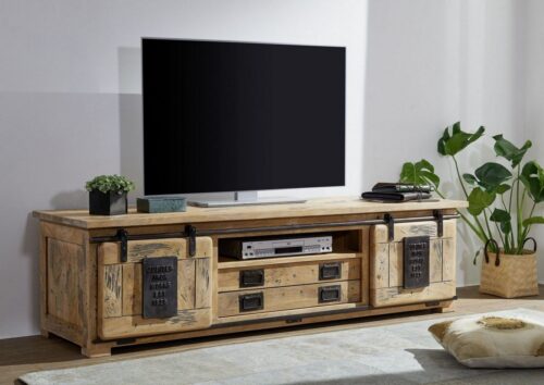 Massivmoebel24 TV-Board »RAILWAY« (Schickes TV-Board im Vintage Stil, viel Stauraum, stylische Schiebetüren auf Eisenschiene, natur lackiert 180x50x55 Mango montiert), used-optik, Metallapplikationen im Vintage Look, authentische Altholz-Optik inkl. Wurmlöcher, Schiebetüren auf Eisenleisten