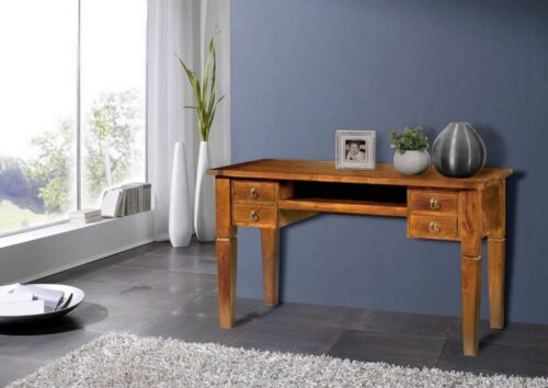 Massivmoebel24 Schreibtisch »OXFORD« (Stilvoller Schreibtisch mit Schubladen inklusive Griffen in Sonnenform, im Landhausstil, braun lackiert 130x60x77 Akazie montiert), Klavierbeschläge,Metallleisten mit Noppen,Urtümliche Haltekeile,detailreich und stilvoll,dekorativer Kranz auf Oberseite,Schubladen auf Holzlaufschienen,Türen in Kassettenform,Handgriffe aus Metall in Sonnenform,