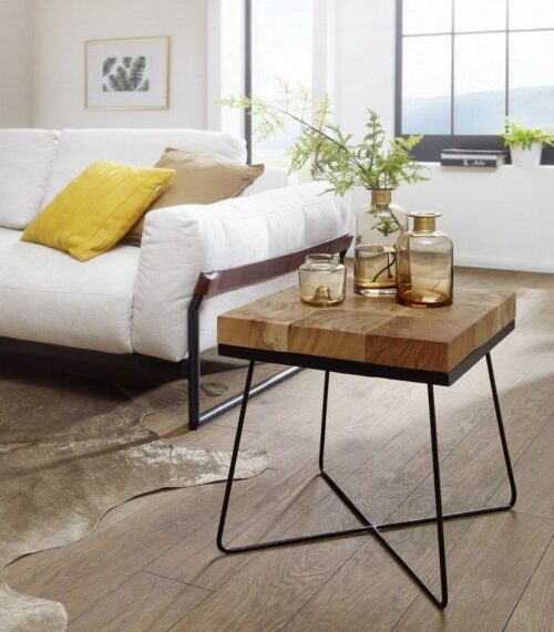 Wohnling Beistelltisch »Beistelltisch 45 x 45 x 51 cm Akazie Massivholz mit Metallgestell Industrial Anstelltisch Quadratisch Massiv Holz Tisch Braun Wohnzimmertisch Modern Holztisch mit Metallbeinen«