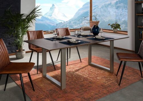 Massivmoebel24 Esstisch »SWISS EDGE« (Moderner Esstisch für 8 Personen, mit außergewöhnlichem Eisengestell, grau lackiert 180x90x76 Akazie)