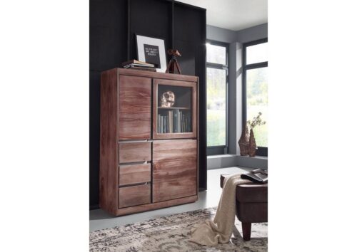 Massivmoebel24 Highboard »SYDNEY« (Stilvolles Highboard mit Türen, davon 1 verglast und Schubladen, Ziernaht aus Eisen, grau lackiert 102x40x147 Sheesham montiert)