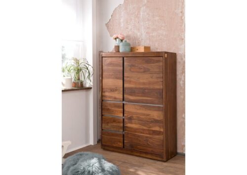 Massivmoebel24 Highboard »SYDNEY« (Modernes Highboard für viel Stauraum, mit Türen und Schubladen, inklusive metallischer Zierleiste, in braun lackiert 102x40x147 Sheesham montiert)