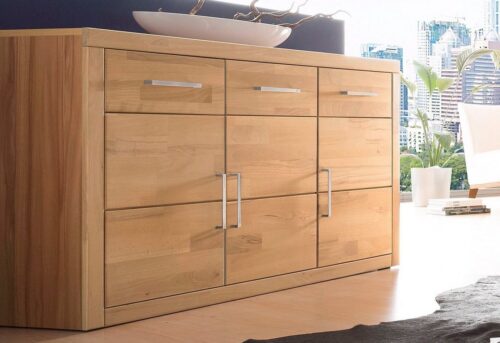Home affaire Sideboard Logo,130cm breit,42 cm tief, Fronten Massivholz,2 breite Fächer, Holz massiv, Holzwerkstoff, Metall Griffe,3Türen,3Schubladen