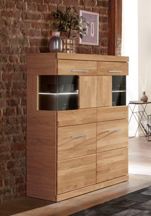 Home affaire Highboard Ribe,85cm breit,115cm hoch, Fronten Massivholz,4 breite Fächer, Korpus Holzwerkstoff,2Türen mit Glaseinsatz, Böden versetzbar