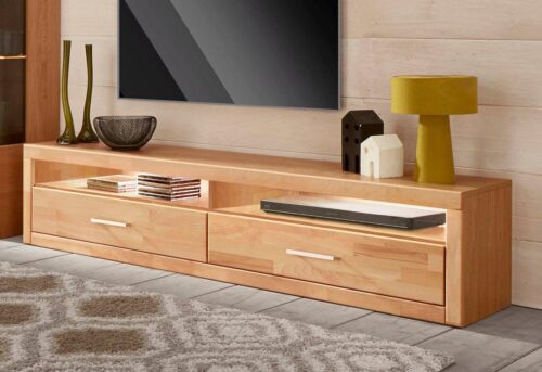 Home affaire Lowboard Ribe,180cm breit, Fronten Massivholz,4 Fächer,Kabeldurchführung, Holz massiv, Holzwerkstoff, Metall Griffe,2 Klappen