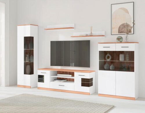 Home affaire Wohnwand Ribe Wohnwand Set-5 St., (Set, 5-St), Glaseinsatz aus gehärtetem Glas,Böden teilweise versetzbar