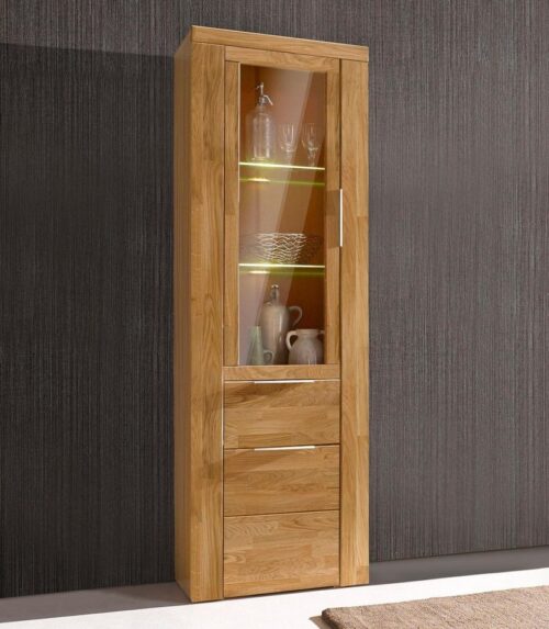 Home affaire Vitrine ZARA75, 2 Glasboden variabel, Türen L/R, 1 Schublade, Wohnzimmer B/T/H:60/40/190cm, Front massivholz,5 Fächer,Griffe silberfarben,geölt