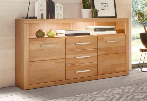 Home affaire Sideboard Ribe,130cm breit,80cm hoch,Oberplatte Holz massiv,6 Fächer, Holz massiv, Holzwerkstoff, Metall Griffe,2 Türen,3 Schubladen