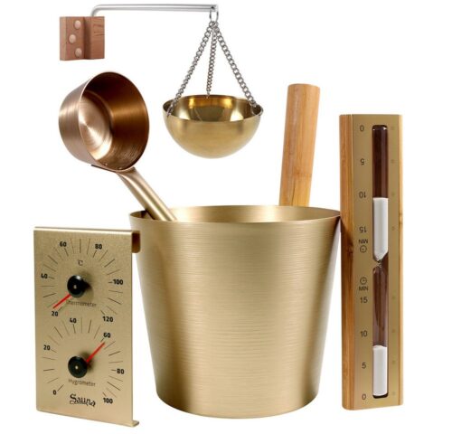 HOME DELUXE Sauna-Aufgussset Saunazubehör THERA (inkl. Eimer, Kelle, Sanduhr, Thermo- / Hygrometer, Aufgussschale, 5-tlg) Aufgusskübel, Sauna Eimer mit Kelle