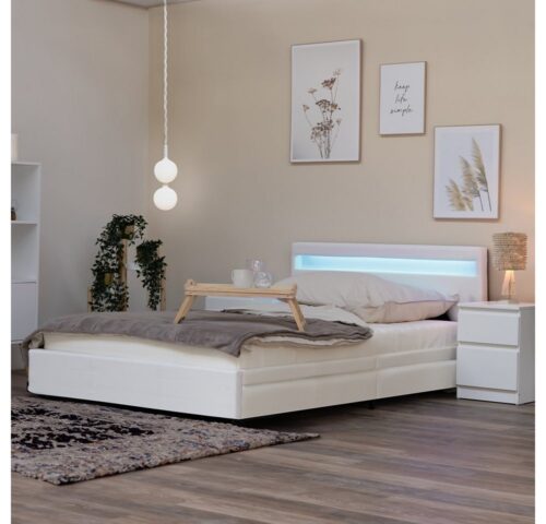 HOME DELUXE Bett NUBE mit Schubladen - 140 x 200 (inkl. Lattenrost & Matratze), Polsterbett, Doppelbett, Bettgestell mit Stauraum, LED Bett