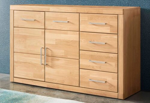 Home affaire Sideboard Trondheim,130cm breit,42 cm tief, Fronten Holzmassiv, Metallgriffe, Korpus aus Holzwerkstoff,2 Türen, 2 breite Fächer,5 Schubladen