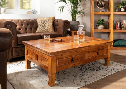 Massivmoebel24 Couchtisch OXFORD (Extravaganter Couchtisch im Landhausstil mit 2 Schubladen, braun lackiert 120x75x40 Akazie montiert), hochwertiges Edelholz,authentische Holzadern,aufwendige Schnitzereien und Verzierungen,