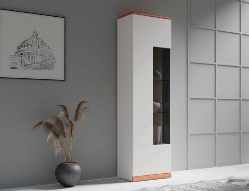 Home affaire Vitrine Ribe,180cm hoch,5 Fächer,2 Glasböden variabel einsetzbar Oberplatte Kernbuche massiv,dunkles Glas, schwarze Metall Griffe