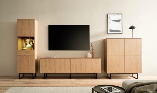 Home affaire Wohnwand Lund, moderne Anbauwand, Wohnzimmer-Set in Stone Oak, (3-St), enthält Vitrine, Lowboard und Higboard