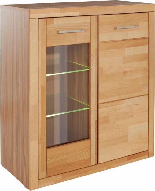 Home affaire Vitrine LOGO68, Einlegeboden verstellbar,1Glastür, Wohnzimmer, Stauraum, geölt B/T/H:90/42/100cm, Front massivholz,6 Fächer, Griffe silberfarben