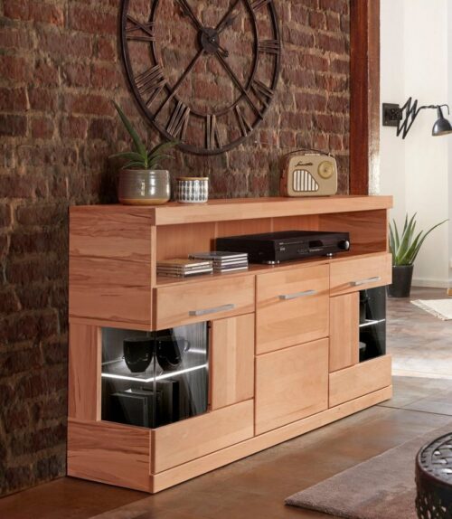 Home affaire Sideboard Ribe,130cm breit,Fronten Massivholz,2Türen mit gehärtetem Glaseinsatz, Korpus aus Holzwerkstoff, Metall Griffe,7 Fächer, Böden versetzbar