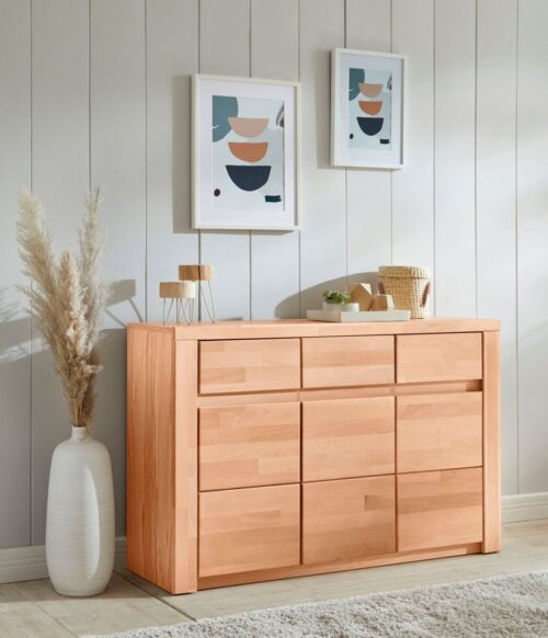 Home affaire Sideboard Burano,127cm breit, Fronten Massivholz,3 Türen,3 Schubladen,6 Fächer, Holz massiv,Holzwerkstoff,Griffmulden,Böden variabel einsetzbar