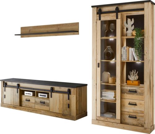 Home affaire Wohnwand SHERWOOD, (3-St), Scheunentorbeschlag und Apothekergriffe aus Metall, Höhe 201 cm