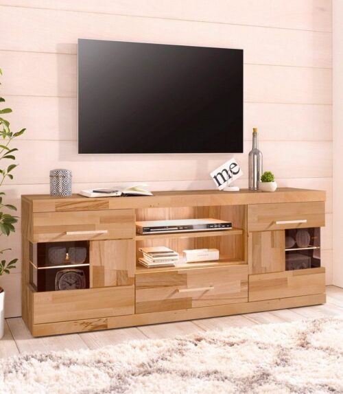 Home affaire Lowboard Ribe,140cm breit, Fronten Massivholz,6 Fächer,Kabeldurchführung, Korpus Holzwerkstoff,Glaseinsatz aus gehärtetem Glas,Böden versetzbar