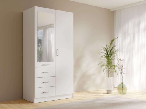 Home affaire Kleiderschrank KOS Garderobe mit 3 Schubladen, Kleiderstange und Spiegel Wäscheschrank mit 2 Drehtüren, silber Griffen, Maße B/H/T 101/200/58cm