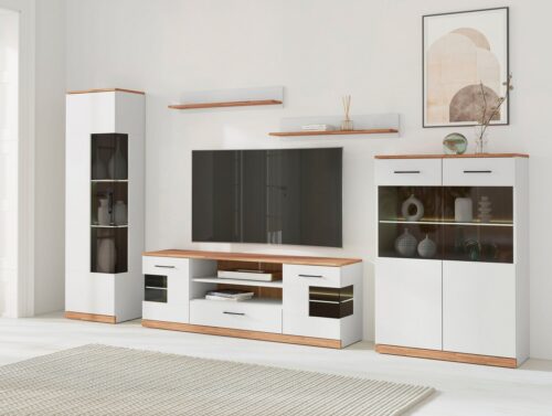 Home affaire Wohnwand Ribe Wohnwand Set-5 St., (Set, 5-St), Glaseinsatz aus gehärtetem Glas,Böden teilweise versetzbar